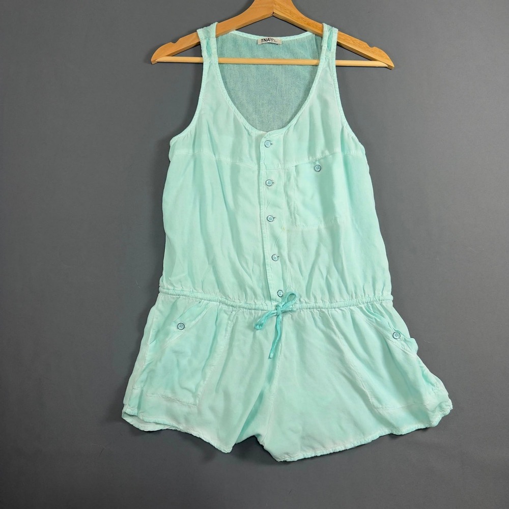 Aritzia TNA Sleeveless Romper Mint Blue Button Front Drawstring Women's Small